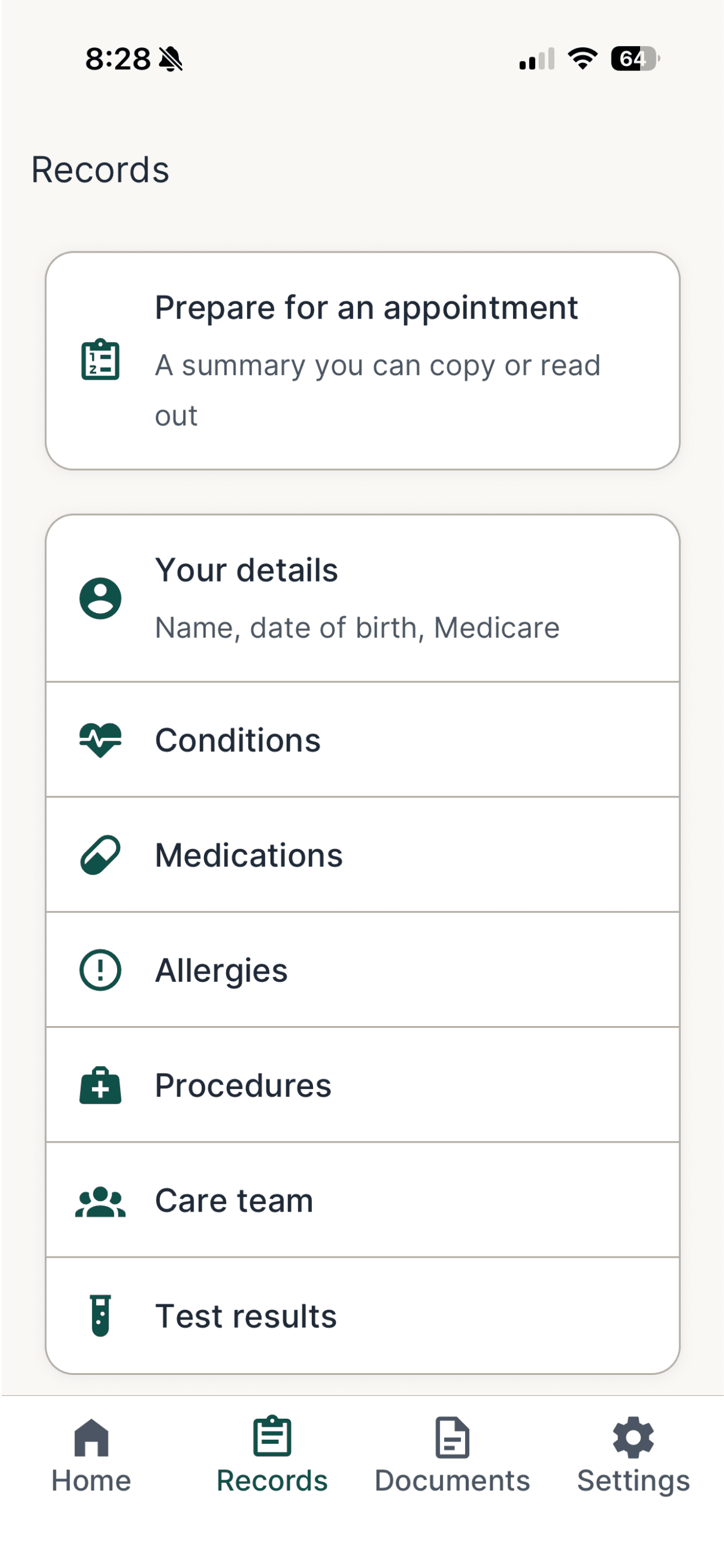 The MedVault Records screen — a calm, scrollable list of saved health records grouped into clear sections such as your details, conditions, medications, allergies, procedures, care team and test results, with a simple bottom navigation bar.
