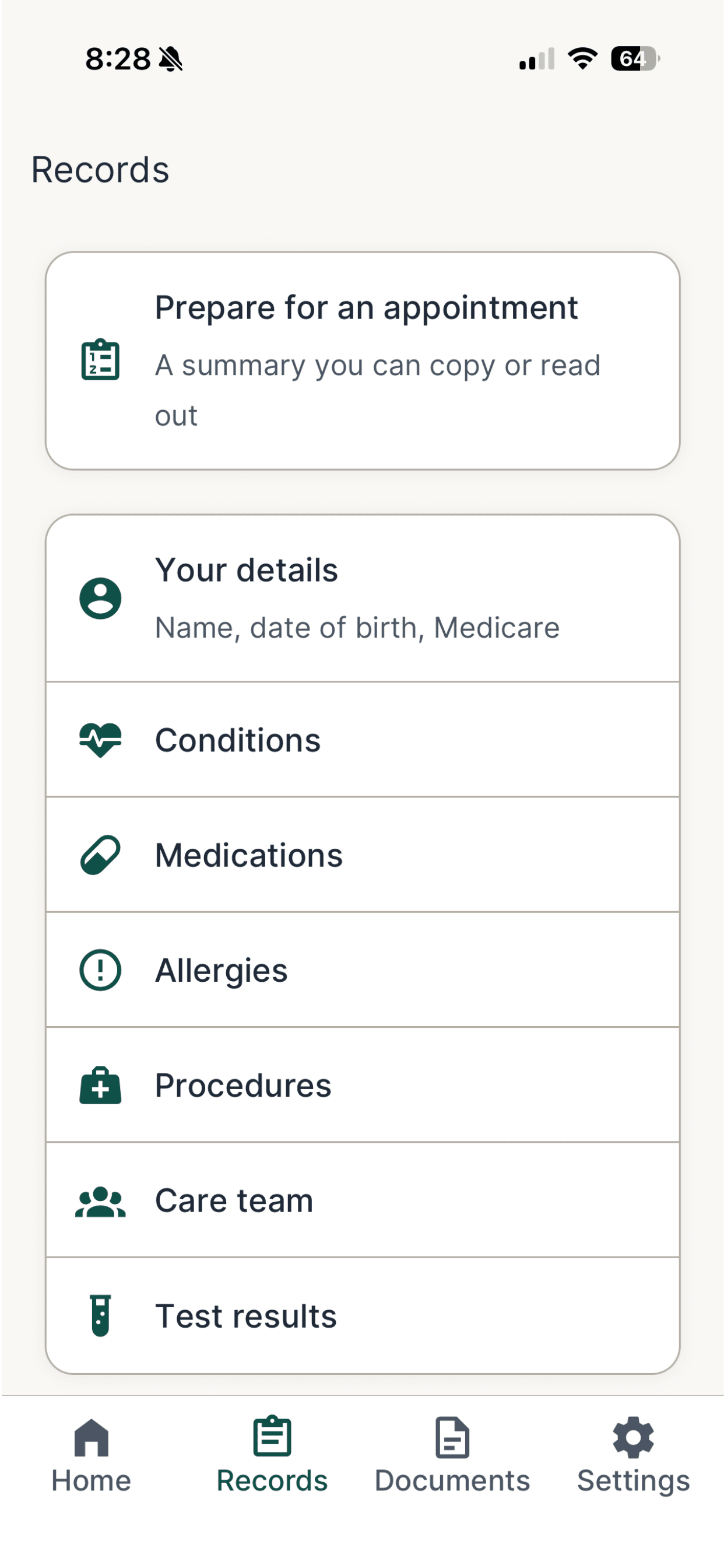 The MedVault Records screen — a calm, scrollable list of saved health records grouped into clear sections such as your details, conditions, medications, allergies, procedures, care team and test results, with a simple bottom navigation bar.