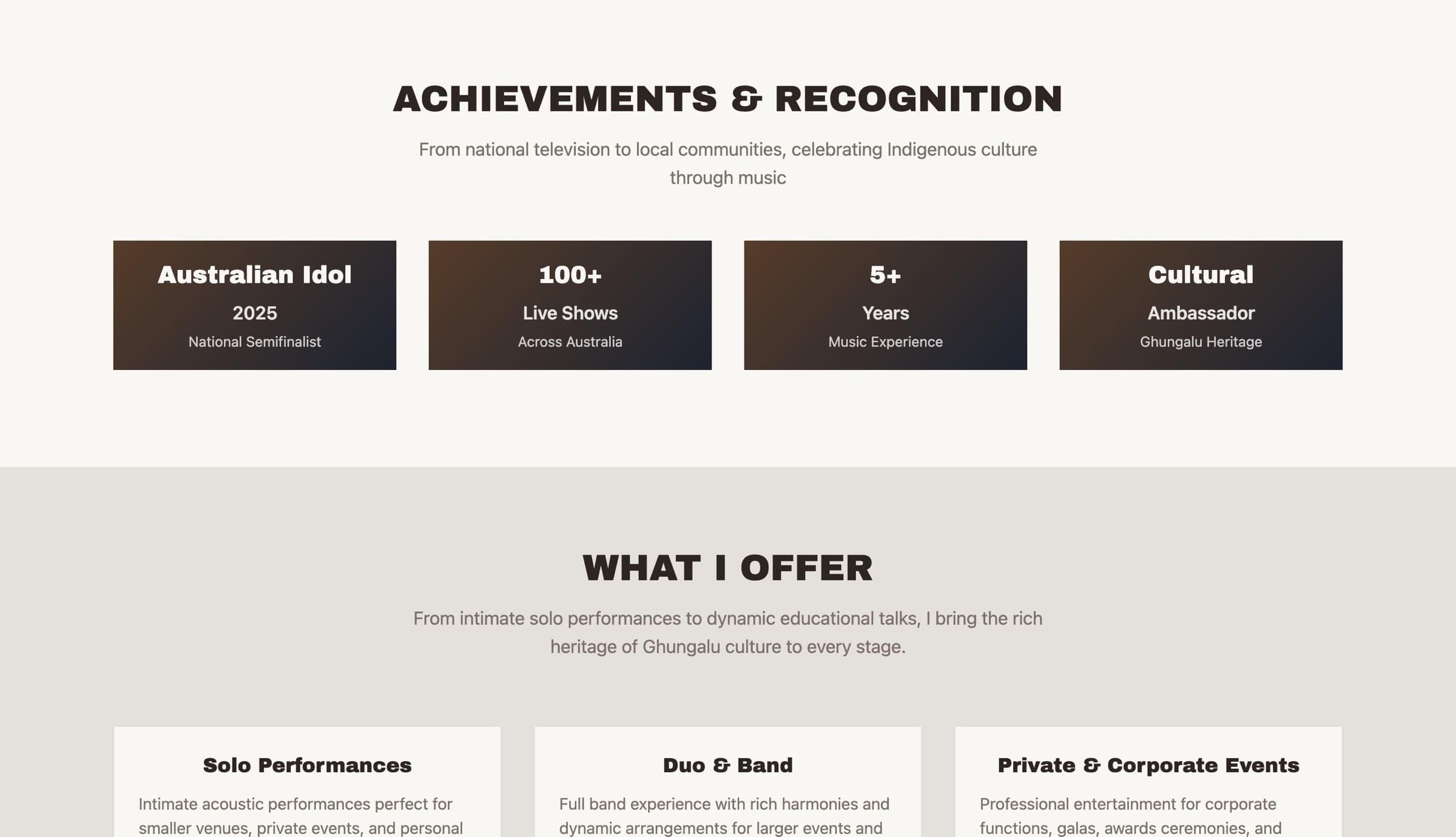 Achievements cards for Australian Idol 2025 and live shows, followed by solo, duo and band, and corporate event services.