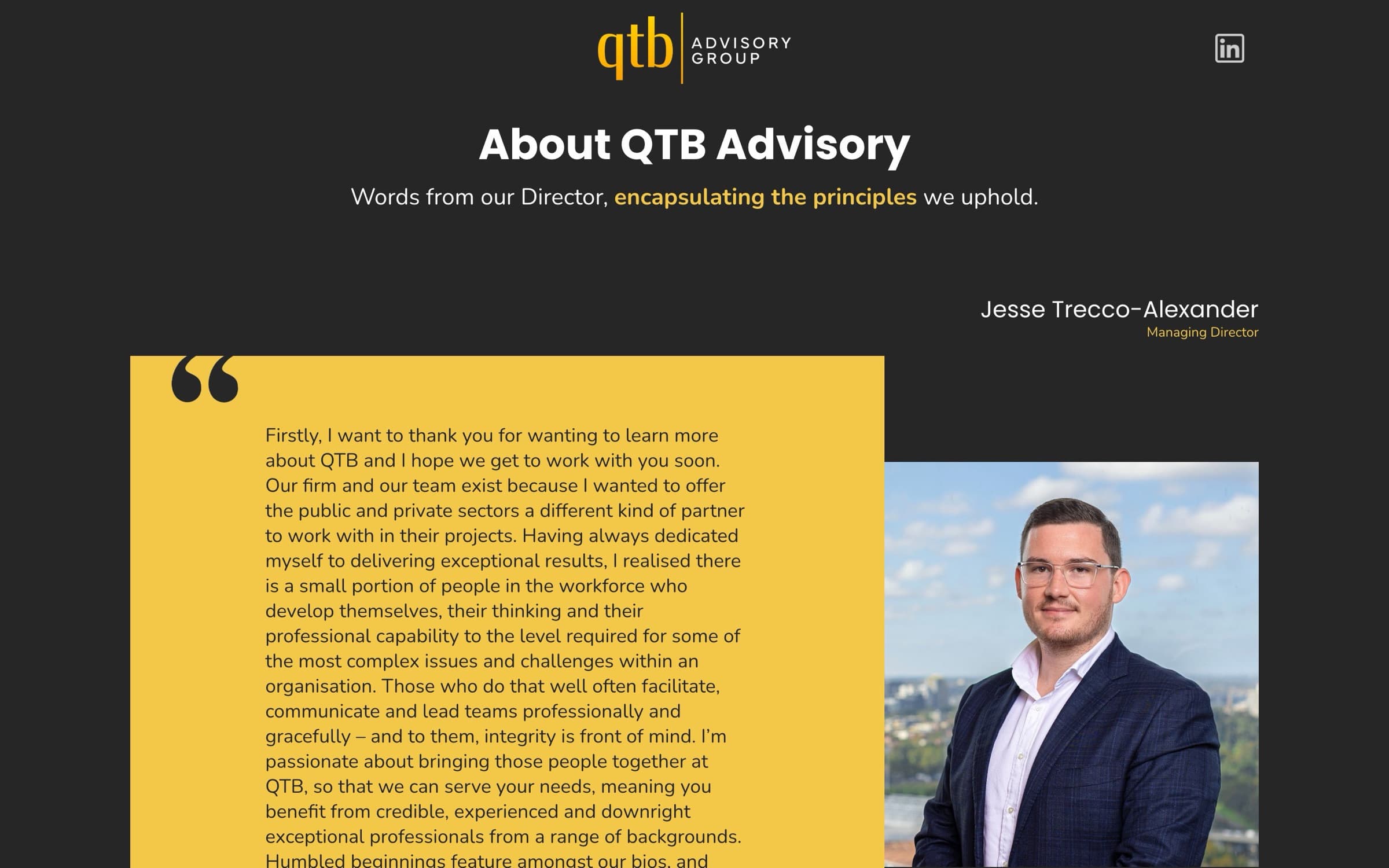The About QTB Advisory section, with a message from Managing Director Jesse Trecco-Alexander beside his portrait.