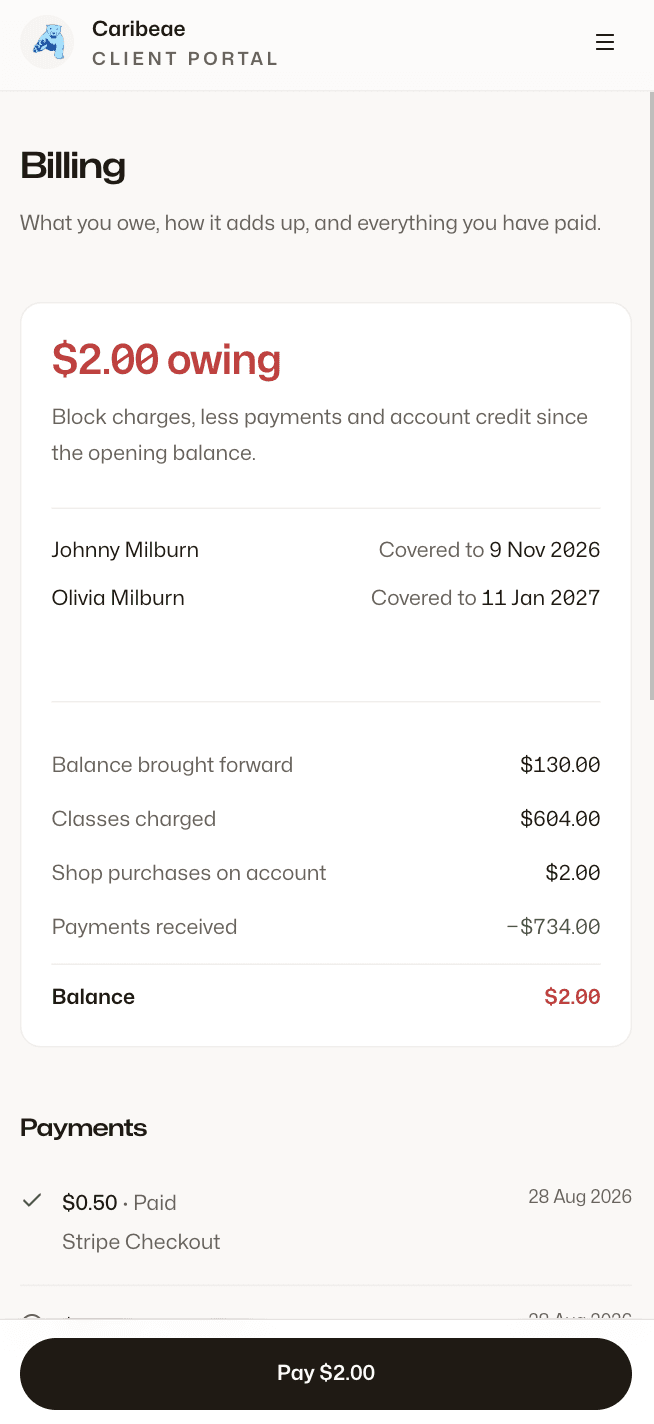 The family portal showing billing coverage, charges, payments and a pay button.