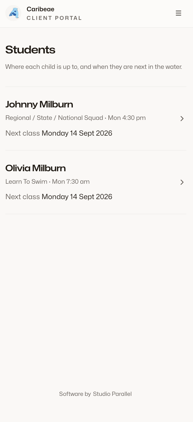 The family portal listing children, their swim levels and next class dates.