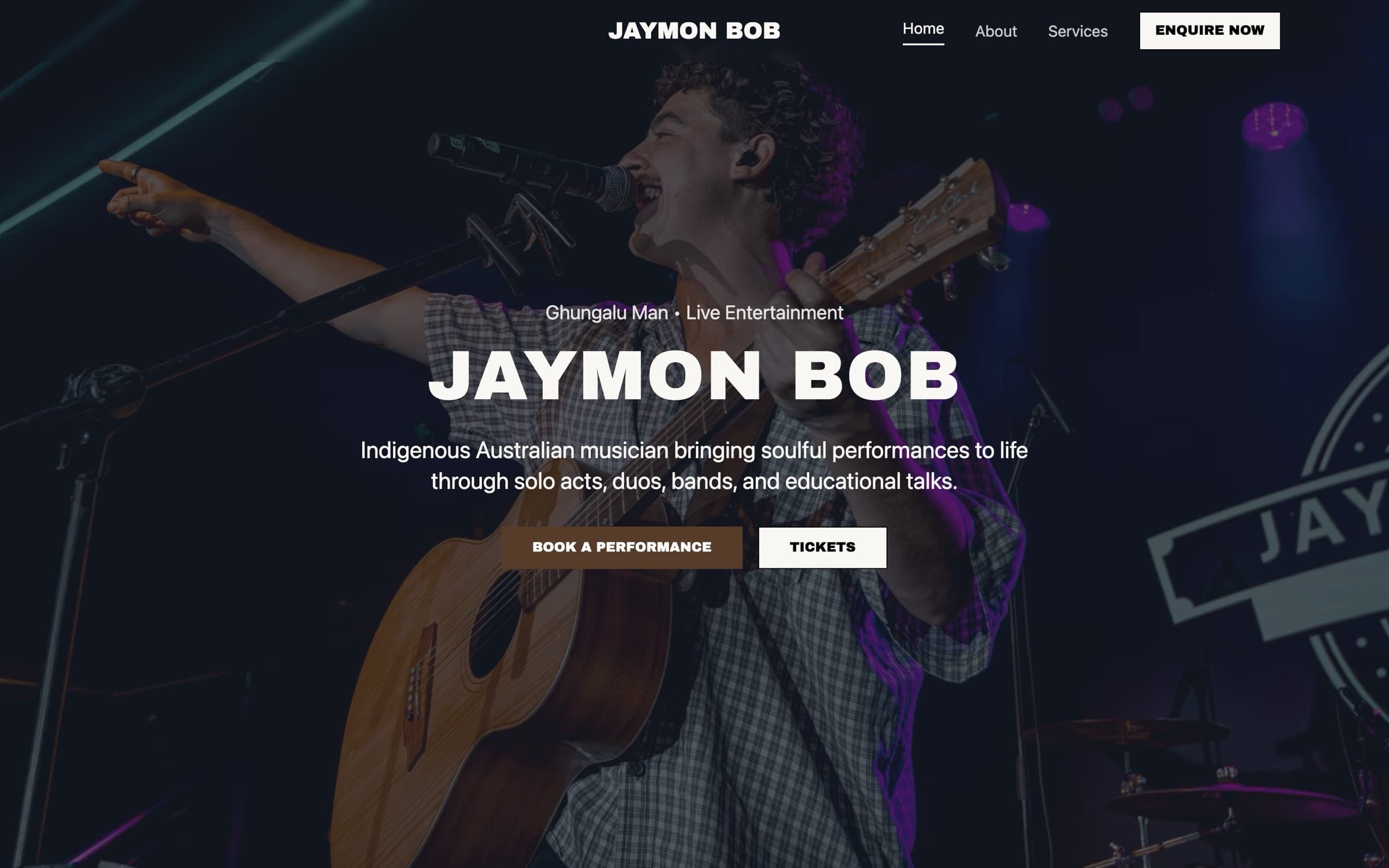 The Jaymon Bob homepage: a live performance photo behind his name, with Book a Performance and Tickets buttons.
