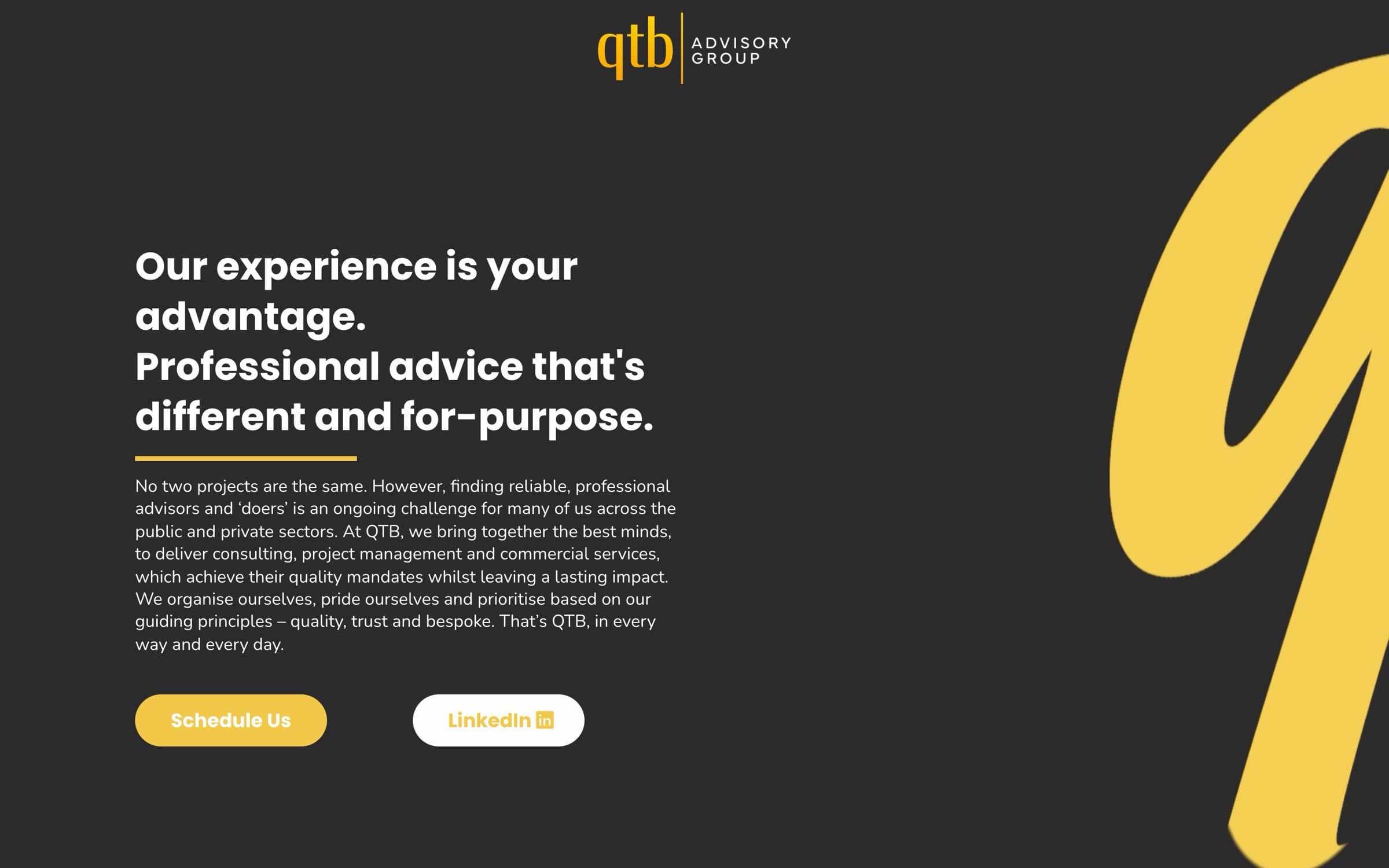 The QTB Advisory Group homepage: “Our experience is your advantage”, with Schedule Us and LinkedIn buttons over the firm’s gold q mark.