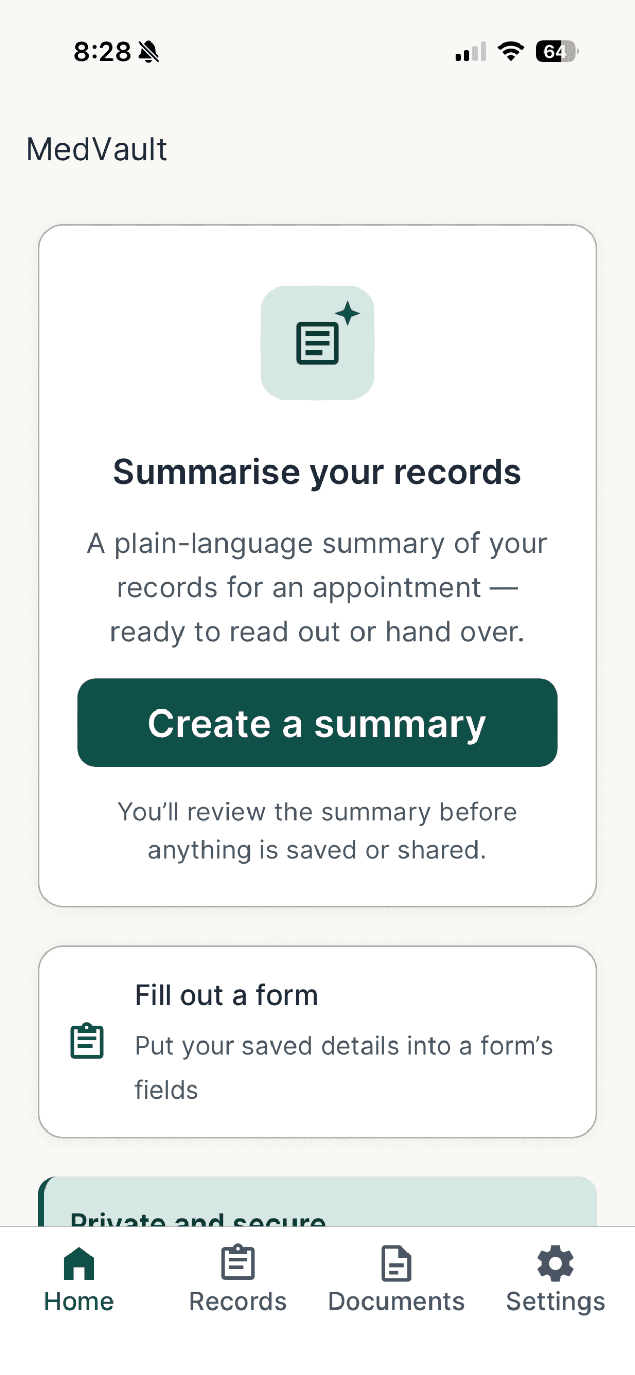 MedVault home screen offering a plain-language summary of your records, with a large ‘Create a summary’ button and clear navigation.