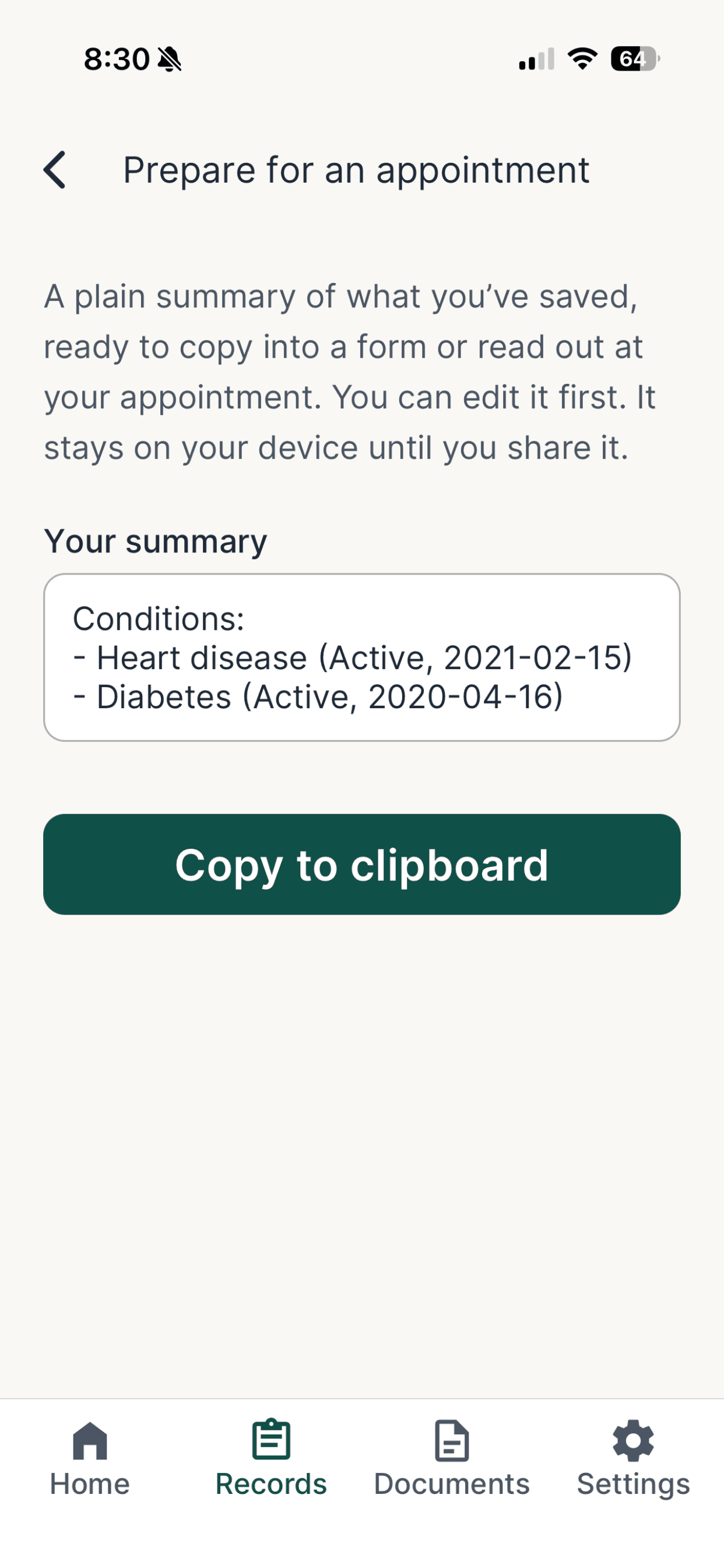 A prepared appointment summary listing the user’s own conditions, with a large ‘Copy to clipboard’ button.