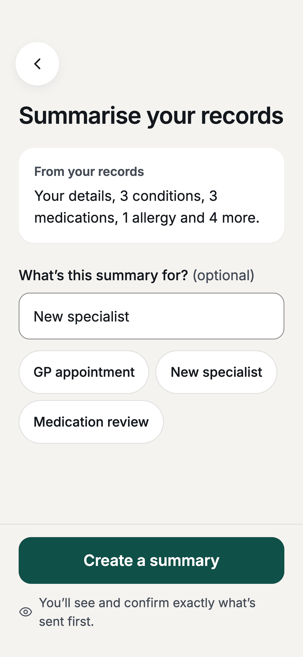The finished summary, ready to copy into a form or read out at an appointment.