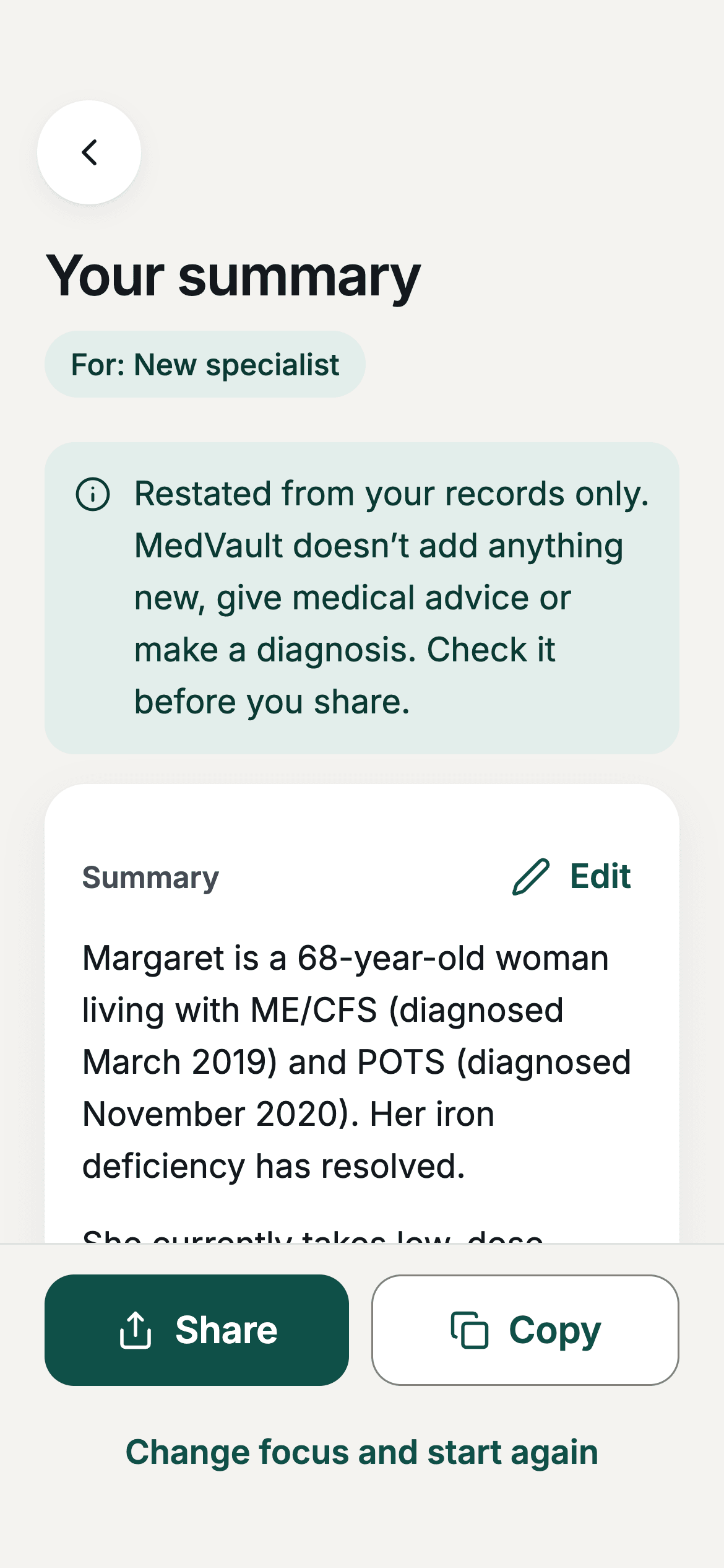 The summary returned to the person, with a note that it only restates their records and an Edit button.