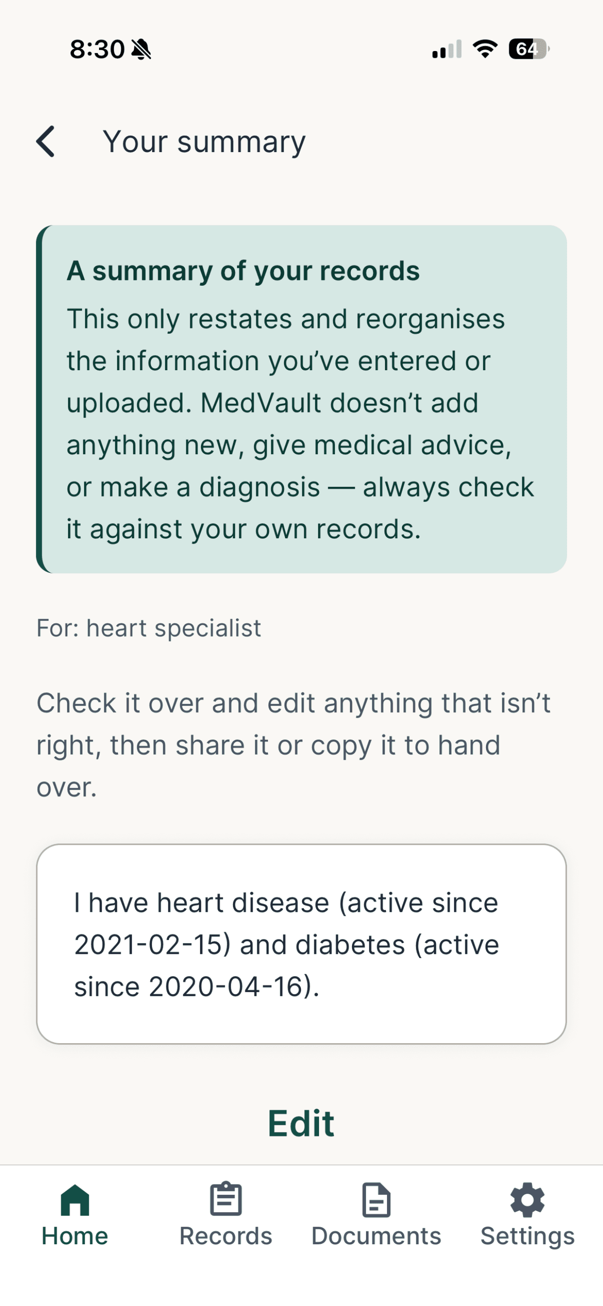 An AI-assembled summary with a note explaining it only restates and reorganises information the user entered, never adding anything new or offering a diagnosis.