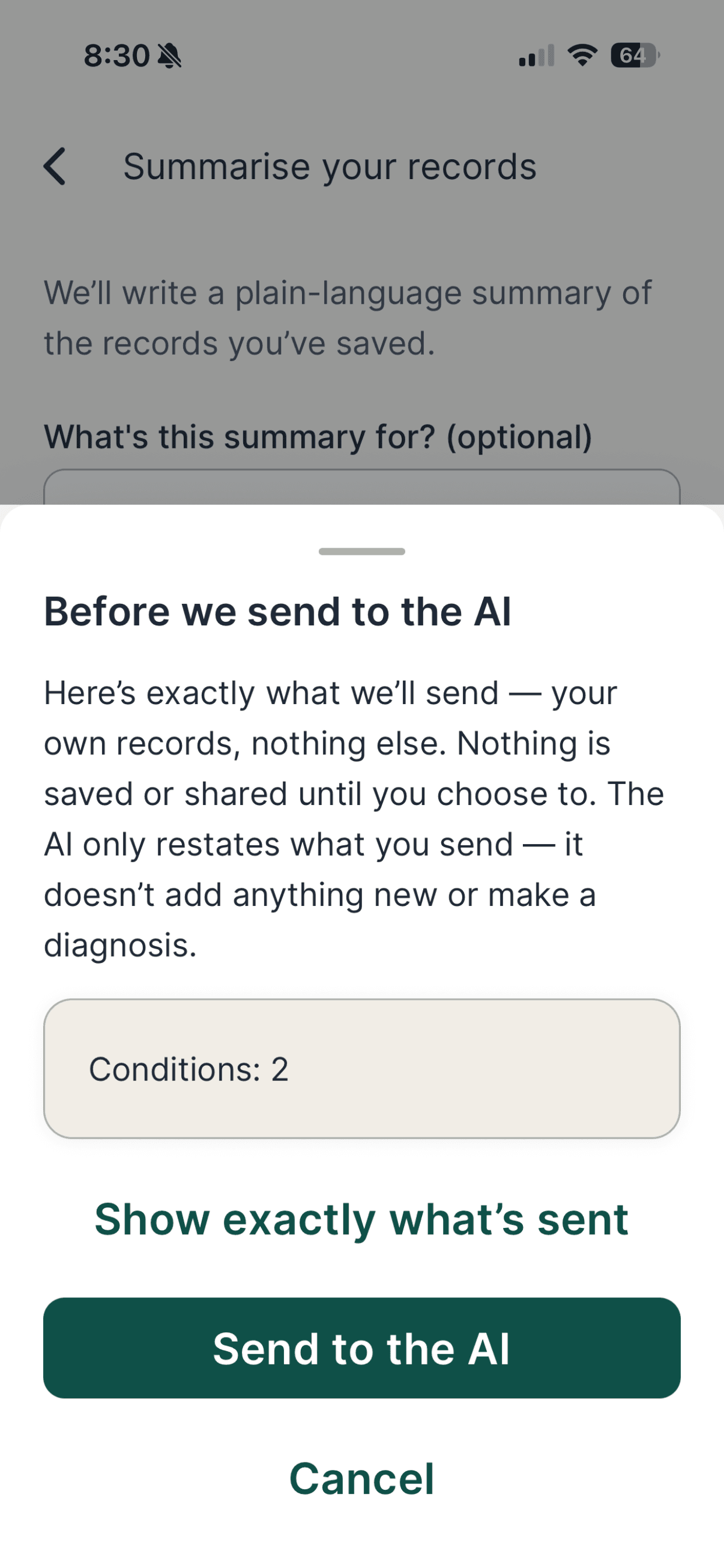 A confirmation sheet shown before anything is sent for AI help, spelling out exactly what will be sent and offering to show the full contents, with the option to cancel.