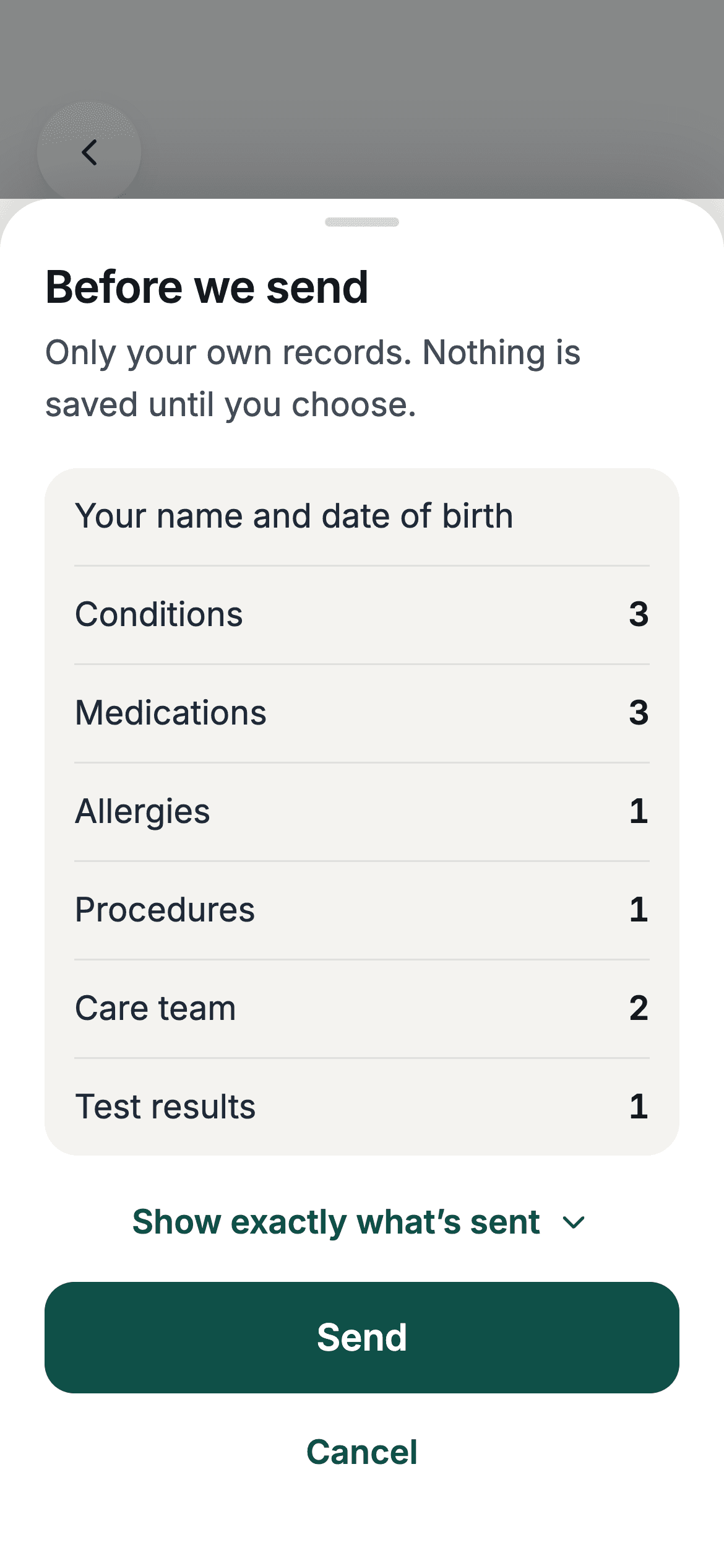 MedVault showing what will be sent before an AI summary