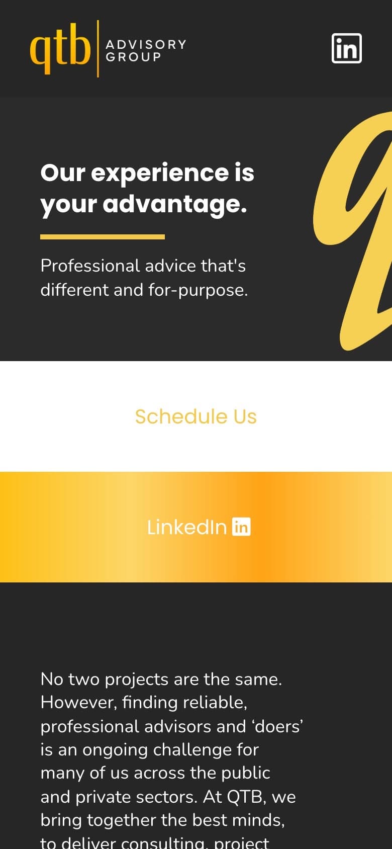 The QTB homepage on a phone, with stacked Schedule Us and LinkedIn buttons.