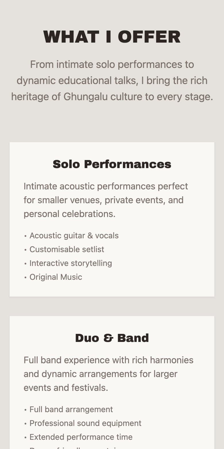 Performance options on a phone, starting with solo performances.