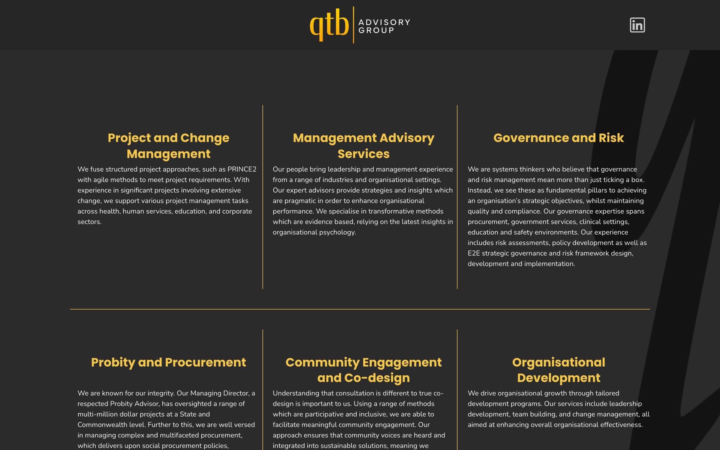 QTB’s six service areas laid out in a ruled grid on a dark background.