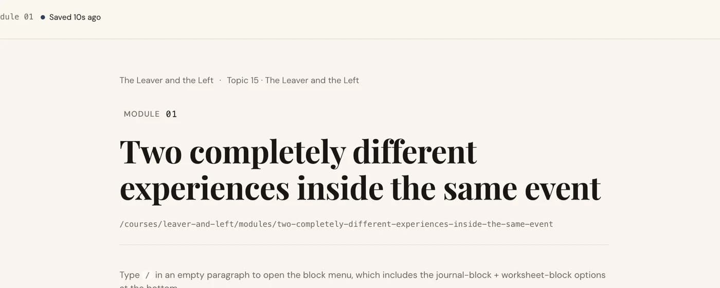 The custom course editor with a lesson title and block-editing instructions.