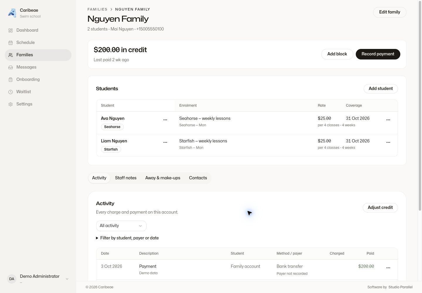Caribeae family account connecting students, enrolments and payments using fictional demo records.