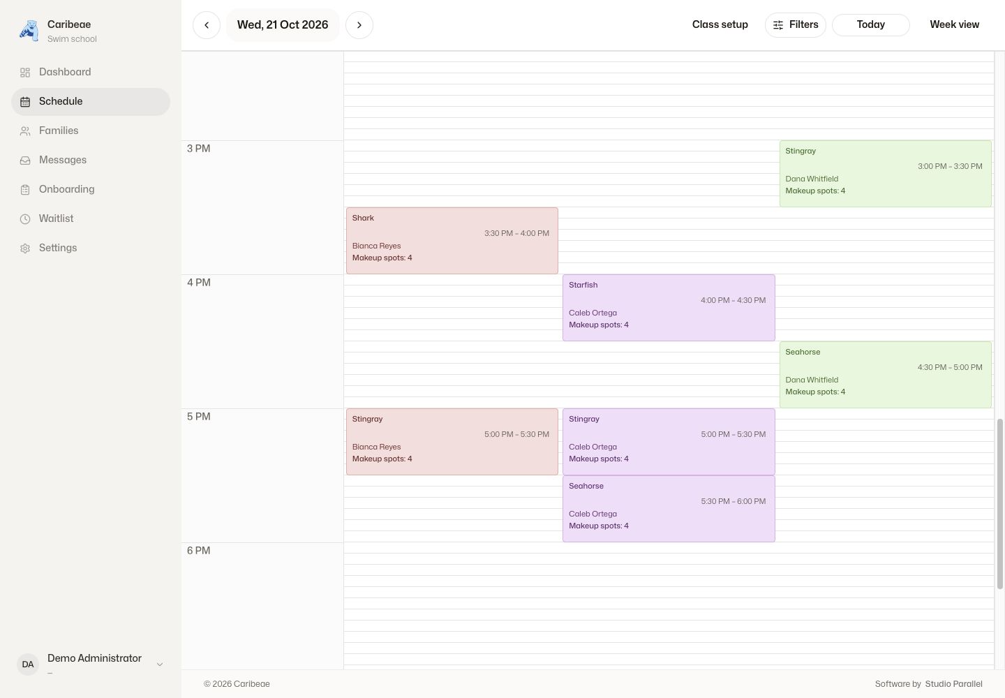 Caribeae day schedule showing swim classes grouped by instructor, with fictional demo data.