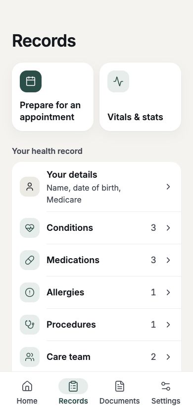 MedVault mobile health records with conditions, medications and care-team categories.